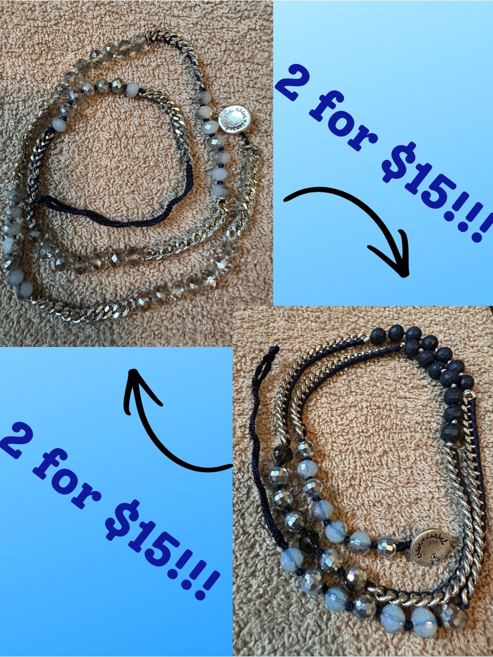 Bundle of 2 Chloe + Isabel wrap bracelet/necklaces: silver& blue